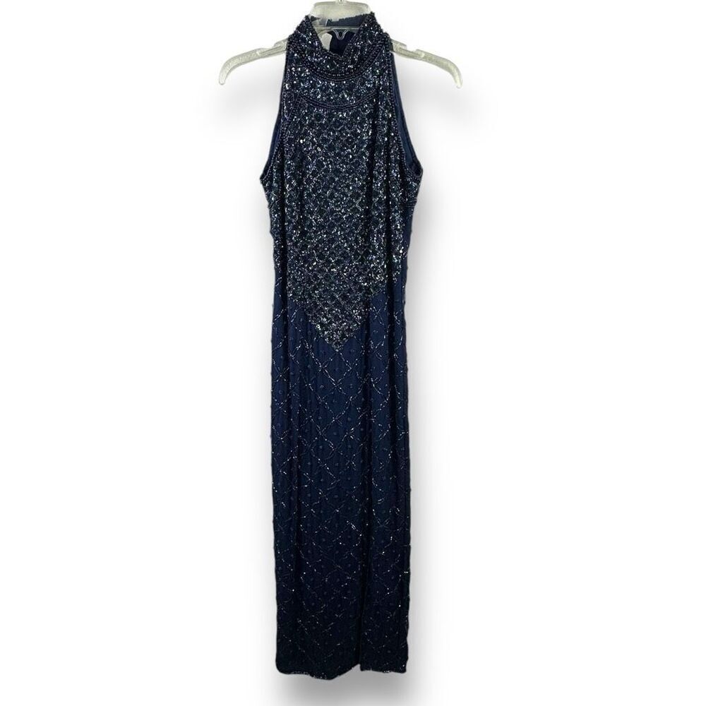 Laurence Kazar High Neck Beaded Evening Gown Blue Silver‎